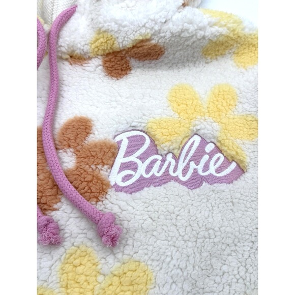 Barbie Fleece Hoodie Pink Orange Flowers Embroidered Logo Girlhood Mattel Sz L - Picture 2 of 9